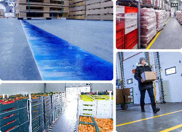 Een collage van afbeeldingen met ToughStripe Cold-vloertape.