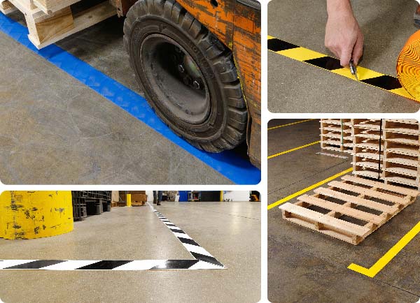 Een collage van afbeeldingen met ToughStripe Max-vloertape.
