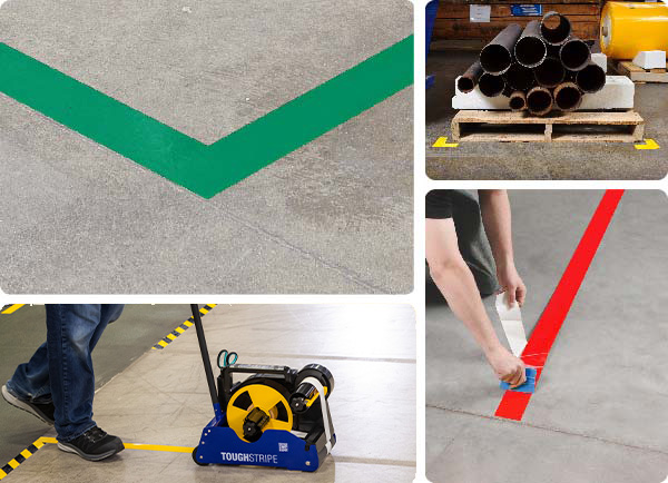 Een collage van afbeeldingen met originele ToughStripe-vloertape.