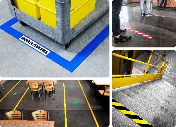 Een collage van afbeeldingen met ToughStripe Vinyl-vloertape.