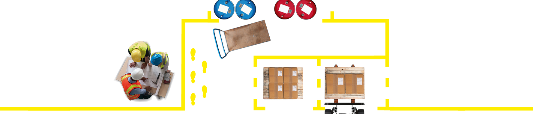 Producten uit het assortiment ToughStripe-vloertapes. Er zijn verschillende kleuren en vormen beschikbaar.