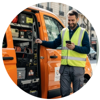 Installateur kijkt naar een smartphone met een bestelwagen op de achtergrond