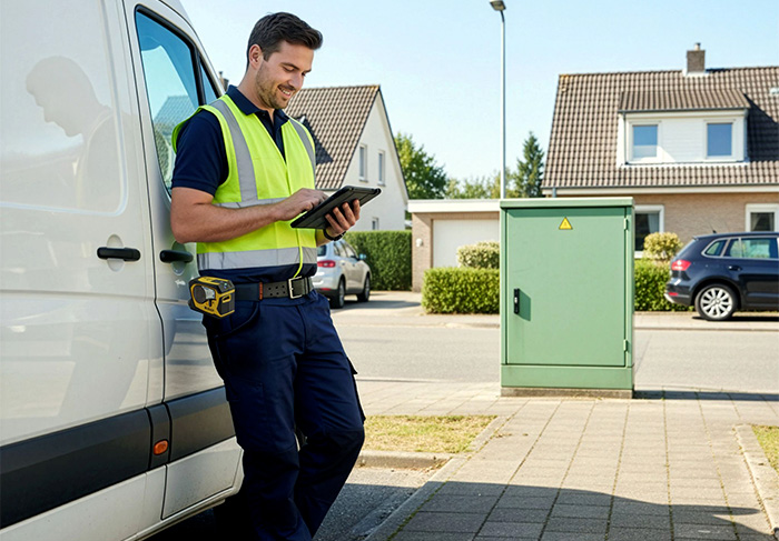 Elektricien bij bestelwagen met smartphone